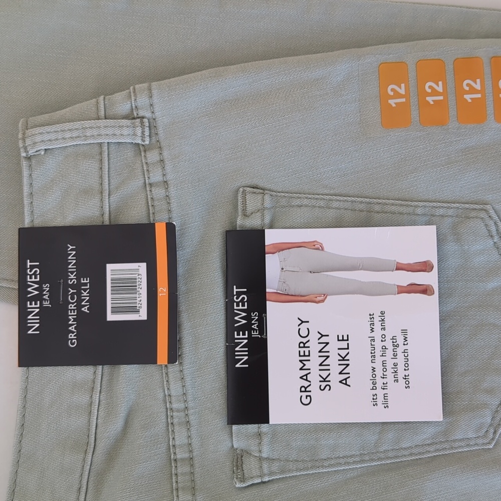 NWT Nine West Gramercy Skinny Ankle Jeans 12 Sea Grass Green Frayed Hem Twill - Picture 5 of 16